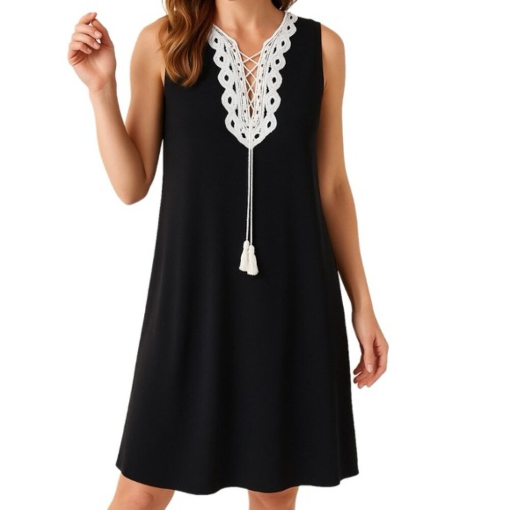 Max Studio Lace-Up Crochet Neck Tassels Sleeveless Dress - Picture 1 of 16